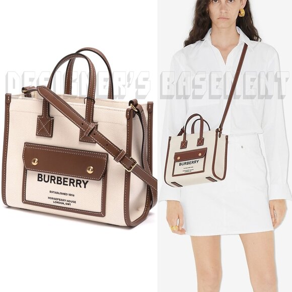 Burberry Handbags - BURBERRY ivory Canvas FREYA Horseferry Logo Leather trim Crossbody Tote Bag NWT